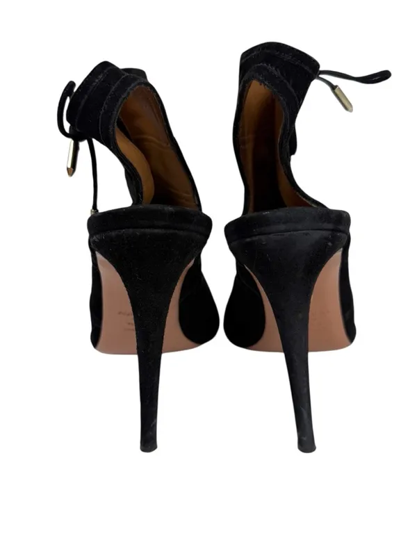 Aquazzura Oui Baby 105 Black Suede Lace Up Peep Toe Stiletto Bootie Size 39/US 9 - Image 9