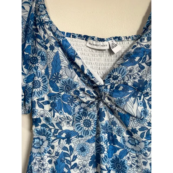 Sincerely Jules Blue Floral Puff‎ Sleeve Mini Dress Cottagecore Spring S - Image 4