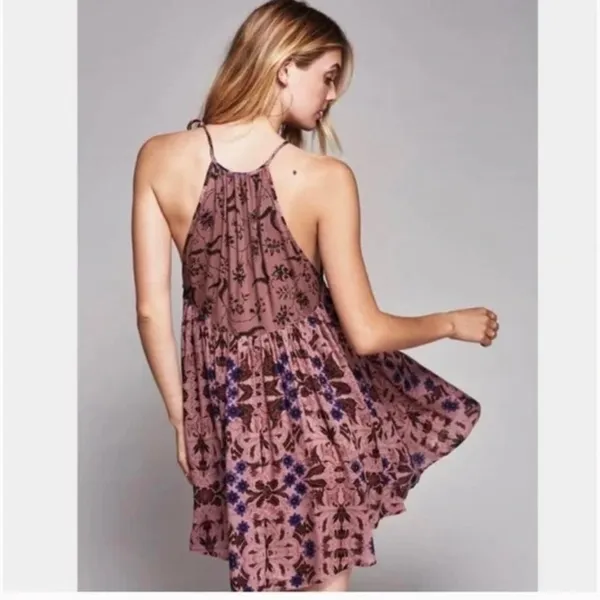 FREE PEOPLE Sleeveless Keyhole Boho Mauve Floral Babydoll Swing Slip Dress 882 - Image 2