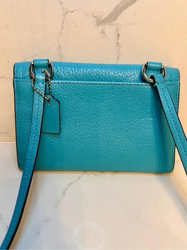 Coach Foldover Crossbody Wallet Bag Robin's Egg Blue Pebbled Leather - Image 2