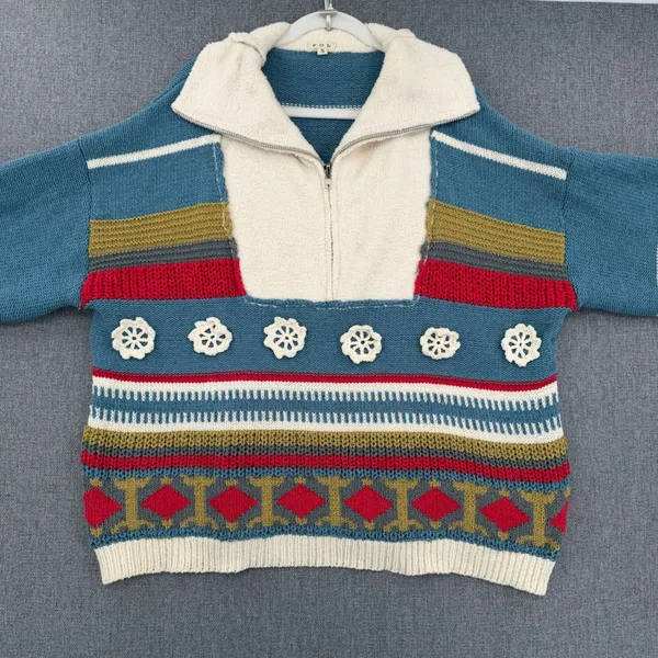POL Oversized Colorblock Striped Chunky Quarter Zip Sweater Boho Crochet Flower - Image 3