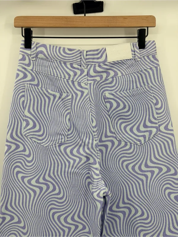SHEKOU Psychedelic Swirl Wide Leg Jeans Medium‎ Purple Blue Y2K Satin - Image 5
