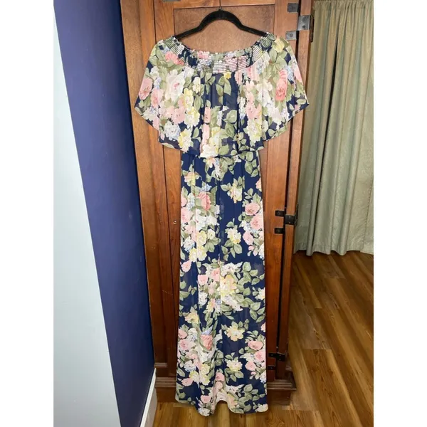 Show Me Your Mumu Hacienda Maxi Dress Small Navy Floral Off Shoulder Boho Resort - Image 5