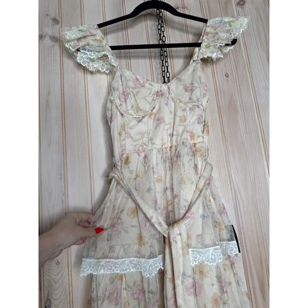 NWT Lulus Dolora Blush Floral Bustier Tiered Midi Dress Romantic Cottage Size S - Image 5
