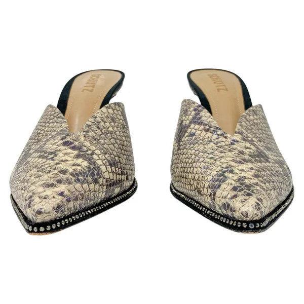 Schutz Heliconia Iridescent Snake Embossed Leather Crystal Trim Mule Heels 7.5 - Image 3