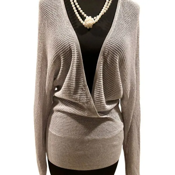 Cache Knit Silver Metallic Peek A Boo Faux Wrap Top New Banded Bottom $98 NWT - Image 12
