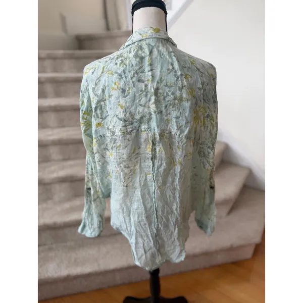 Free People Light Blue & Green Leaf Print Gauze Tie Waist Button Down Shirt - Image 5