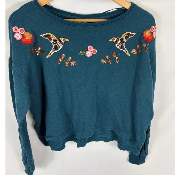 Disney by Lauren Conrad Embroidered Sequin Apple Hummingbird Sweater Medium - Image 2
