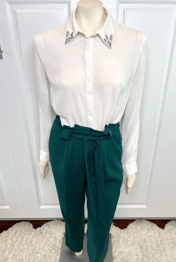 White Jewel Collar Long Sleeve Button Down Blouse - Image 8