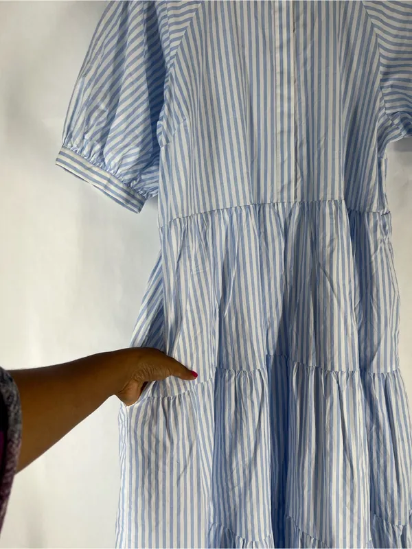 English Factory Blue White Striped Tiered Puff Sleeve Midi Dress L - Image 6