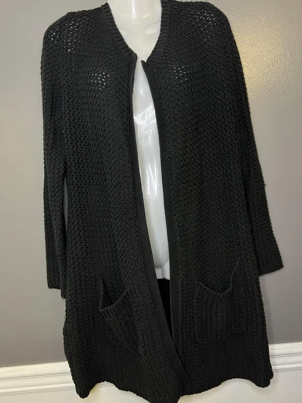 Lucky Brand Cardigan Sweater Womens Medium Black Open Knit Long Duster Pockets - Image 2