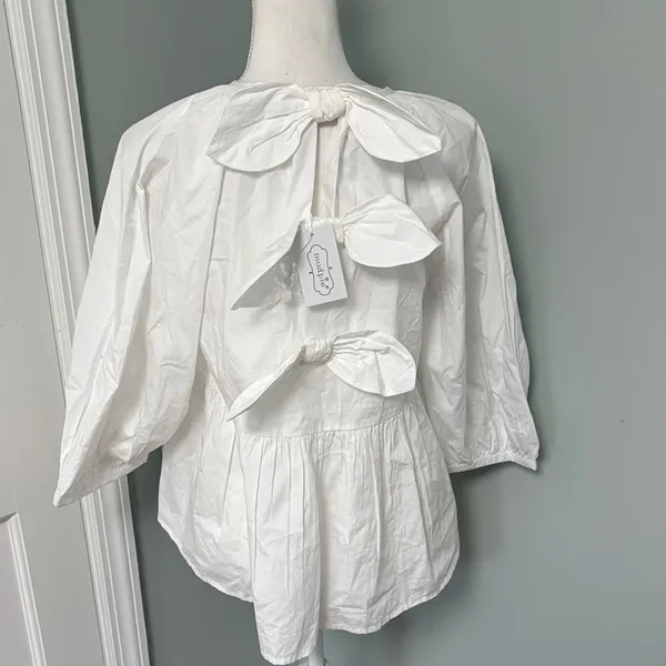 NWT Mud‎ Pie White Peplum Blouse Bow Back Size Small - Image 5