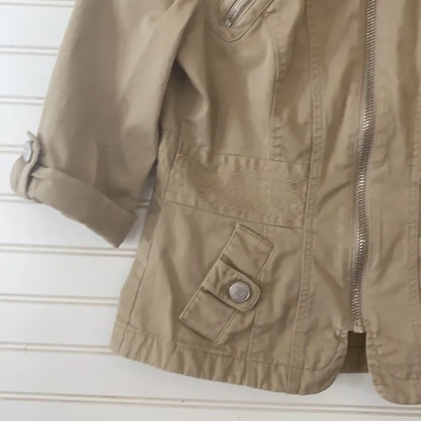 DKNY Jeans Jacket Small Khaki‎ Tan Utility Zip Up Multi Pocket 3/4 Sleeve - Image 4