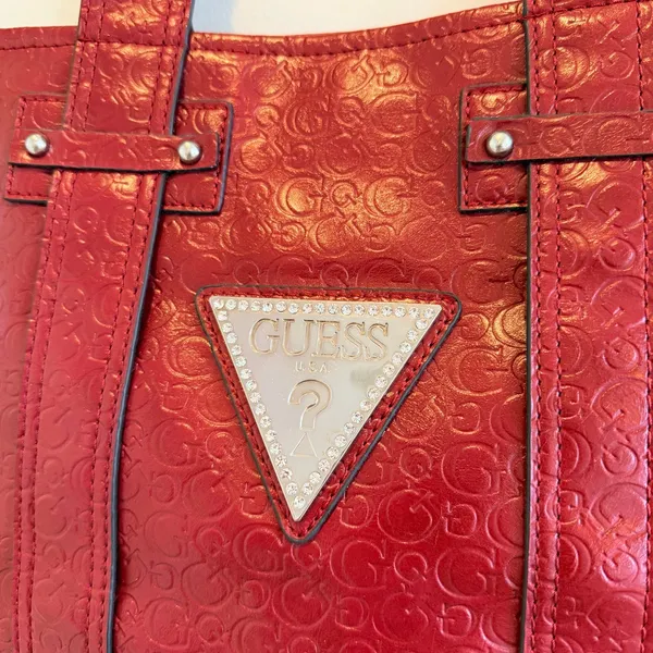 GUESS Y2K Burgundy Monogram Hand Bag Signature Silver Triangle Rhinestone Logo - Image 4