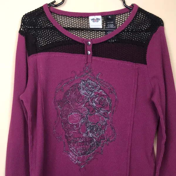 Harley-Davidson Women’s Henley Knit Skull Print Net Floral Embroidered Shirt - Image 2