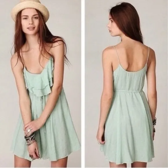 Free People Flutter Away Green Stripe‎ Ruffle Dress Size S - Image 2