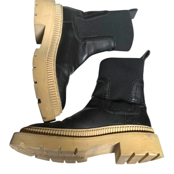 MNG mango Boots Womens 5.5‎ Black Tan Chunky Sole Pull On Platform Chelsea Style - Image 2