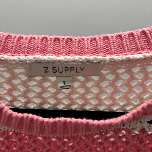 Z Supply Pink & Cream Broadbeach Striped Open-Knit Crewneck Sweater - Image 3