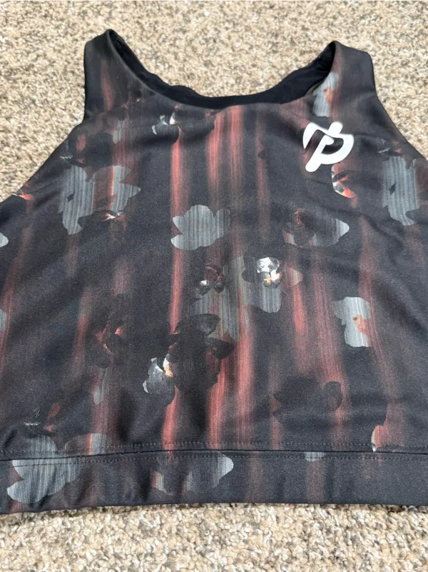 Peloton Black and Burgundy Floral-Striped Crop Sports Bra size large - Image 4