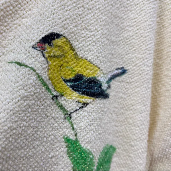 Vintage AU Women's yellow terry cloth cardigan Sweater Bird Art Applique Print - Image 11