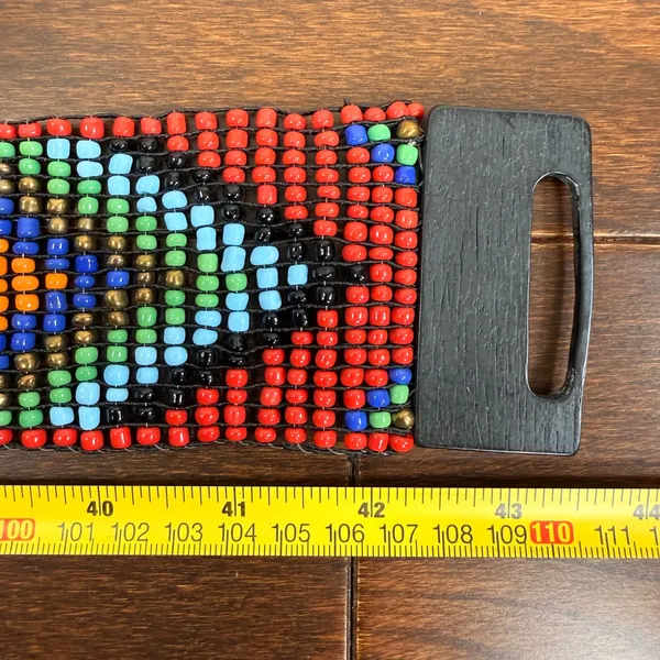 Vintage Seed Bead Geometric Diamond Wide Belt Red Stretch Wood Buckle 42in - Image 6