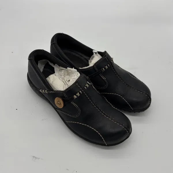Clarks Womens Black Leather Button Slip On Loafers Shoes Size 5M - Image 2