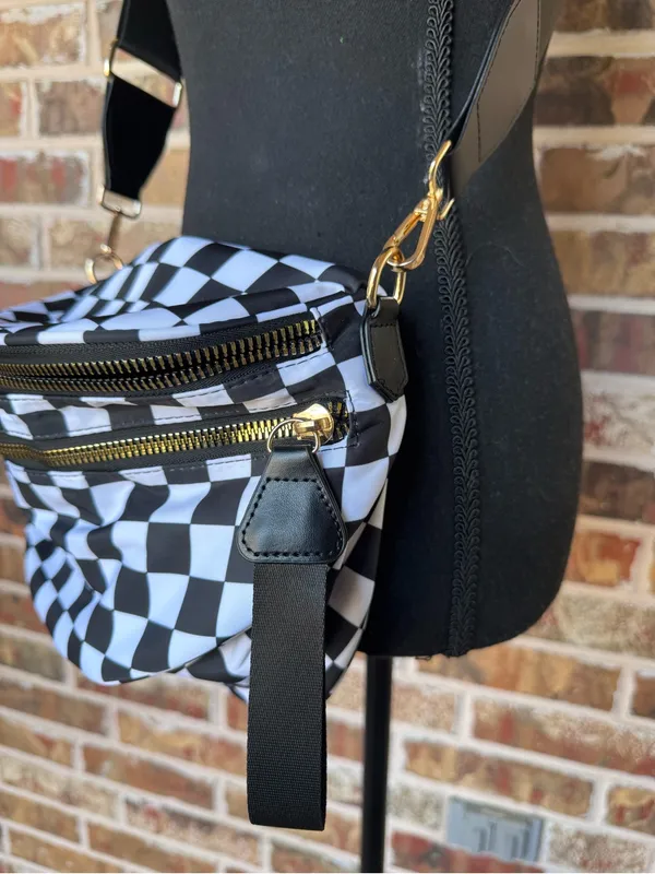 Black & White Checkered Sling Crossbody Bag – Adjustable Strap Gold Hardware - Image 6
