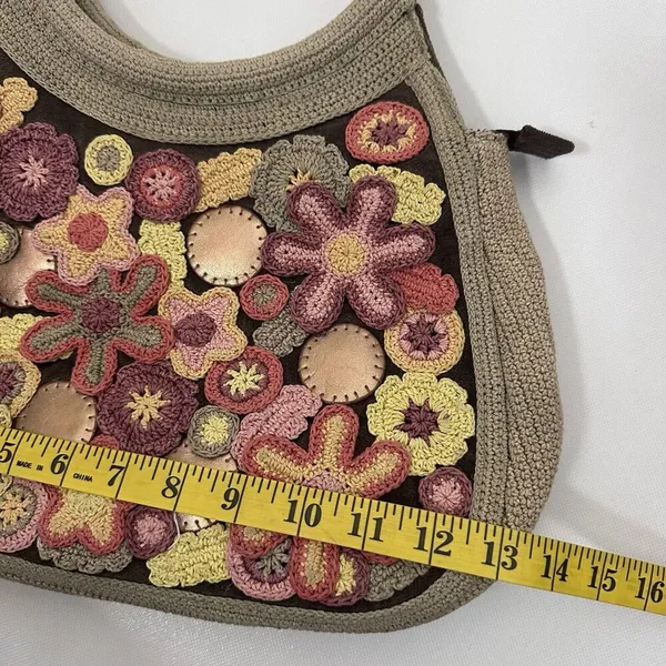 Boho Macrame Crochet Purse Bag Tote Round Handles Floral Brown Hippie 70’s Y2K - Image 8