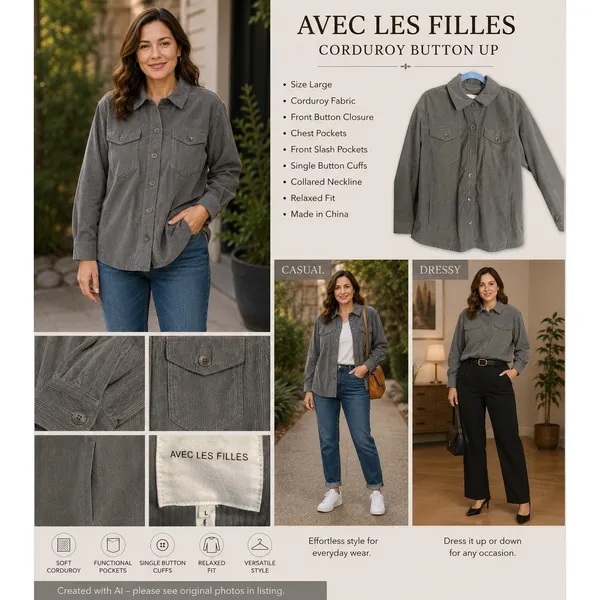 Avec Les Filles Top Womens L Gray Corduroy Long Sleeve Button Up Anthropologie - Image 4