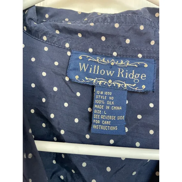 Vtg Willow Ridge Top Womens Size L Silk Button Navy polk dot Boxy Mom 90s - Image 2
