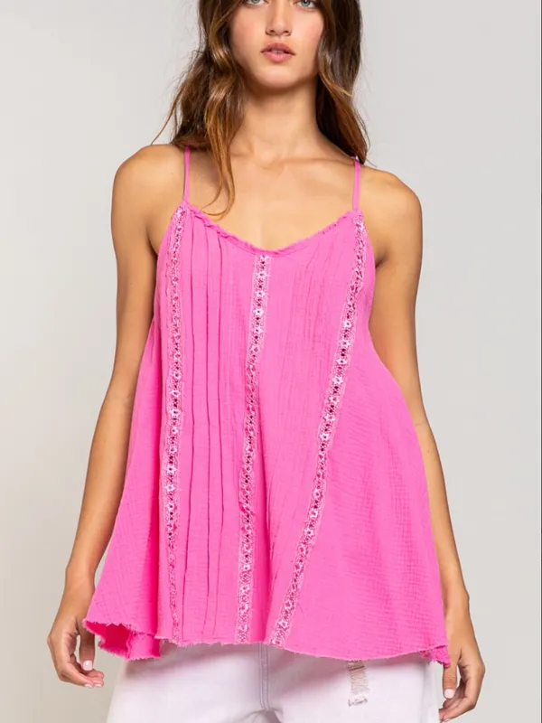 NEW POL Cotton Gauze Lace Trim Floral Cami Tank Candy Pink Flowy A-Line Large - Image 7