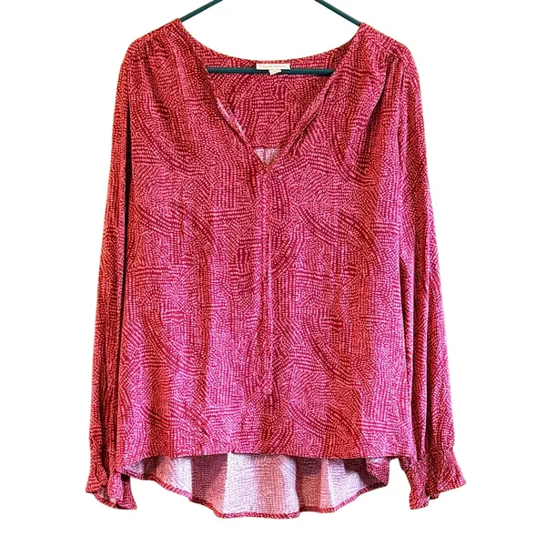 Knox Rose XL Pink Abstract Print Boho Tie V-Neck Blouse Long Sleeve Peasant Top - Image 2