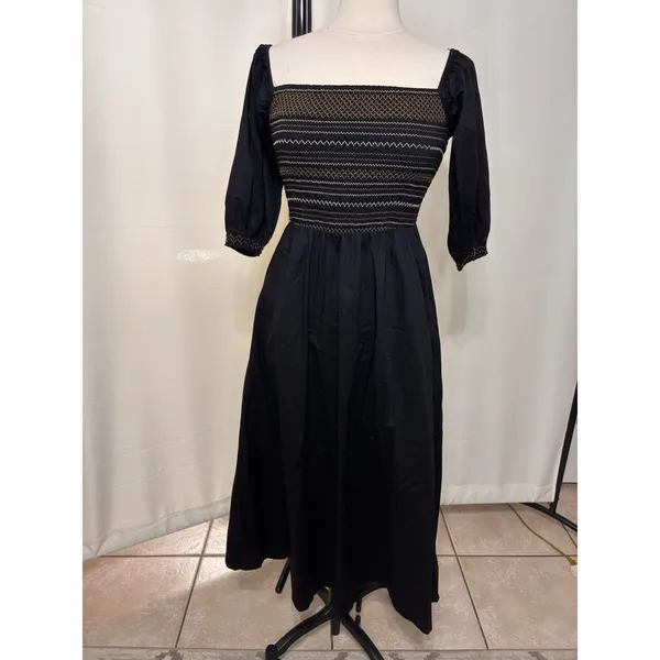 Old Navy Fit & Flare Maxi Dress Womens Small Black Cotton Smocked Off Shoulder - Image 8