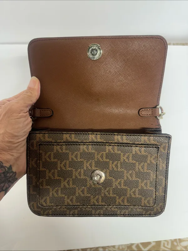 Karl Lagerfeld Connie Brown Monogram Crossbody with Gold Chain - Image 8