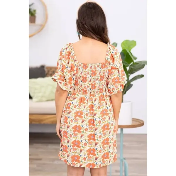 Kori Knee-Length Orange Multicolor Floral Puff Sleeve Dress Sz‎ M - Image 2