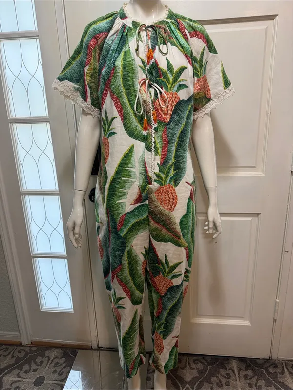 Farm Rio Tropical Pineapple Print Women’s Jumpsuit in Green & Cream S-S - Image 2