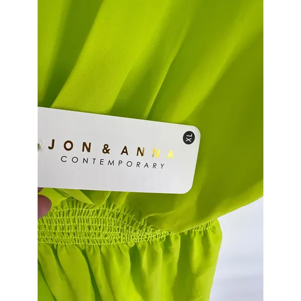 JON & ANNA Peplum Top Women XL Neon Lime Green Tie Shoulder V-Neck Smocked‎ NWT - Image 12
