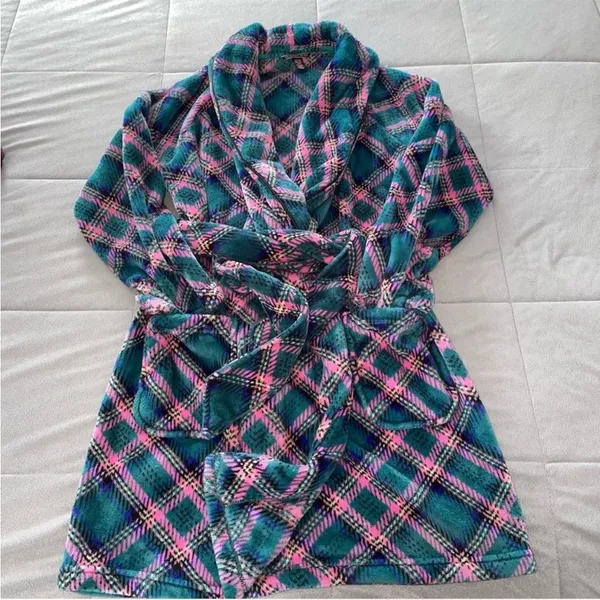 NEW Victoria's Secret Cozy Plush Short Robe Jade Plaid Womens Size Medium Large - Image 4