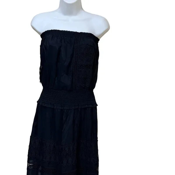 Elan Black Strapless Smocked Waist Crochet Lace Tiered‎ Maxi Dress Small Boho - Image 5