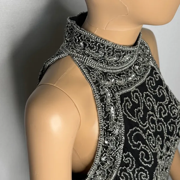 Vintage 1980s Papell Boutique Black Silver Beaded Silk Evening Top Small - Image 9