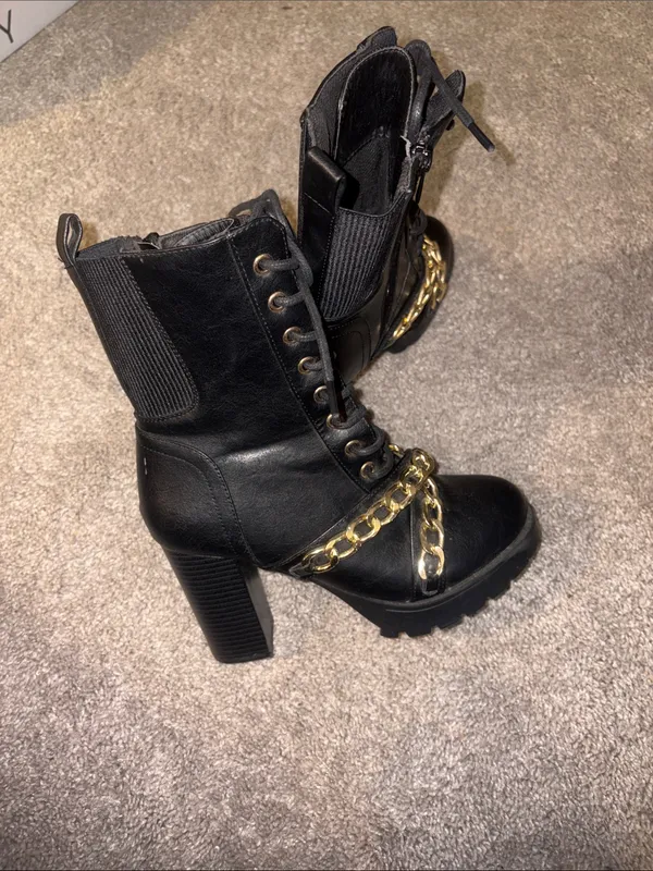 Forever Black Lace-Up Combat Boots with Gold Chain Accent size 7 - Image 2