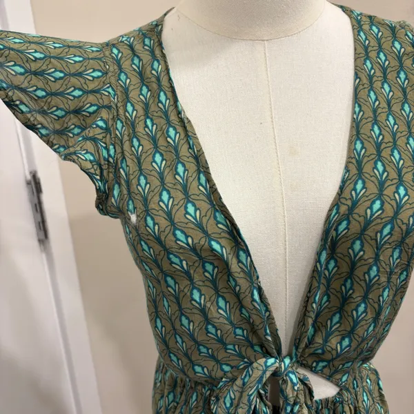 Sea Lustre Sunny Days Lotus Green Teal Boho Tie Front High Low Ruffle Dress S/M - Image 5