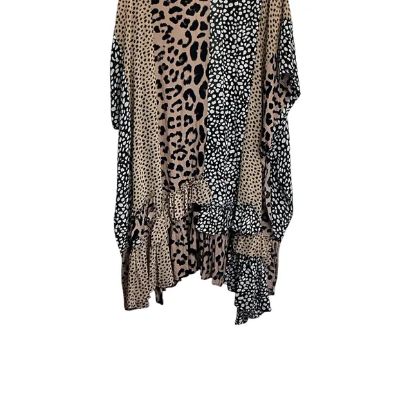 Umgee Womens‎ Leopard Patchwork Ruffle Kimono Wrap Brown Black SM - Image 8