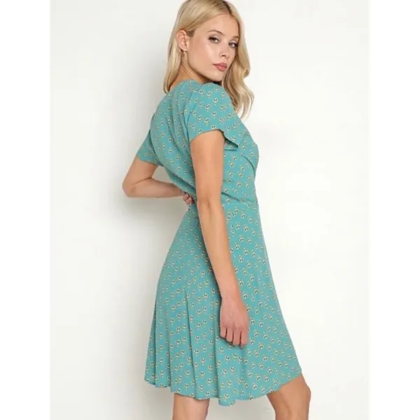 Rollas Cleo Emmy Lou Wrap Dress Teal Floral Print Mini V-Neck Short‎ Sleeve XS 6 - Image 3