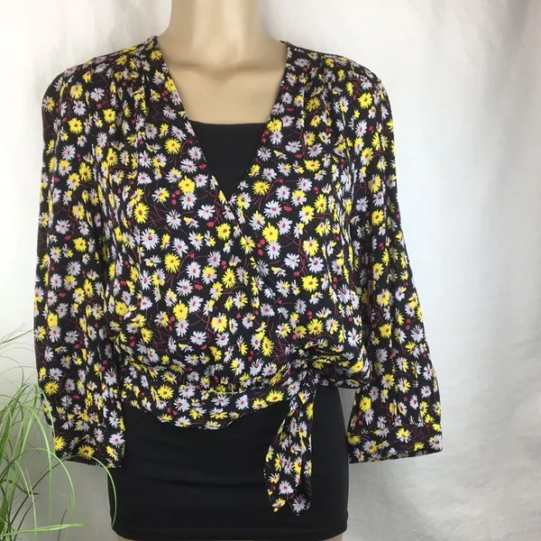 Madewell Black French Moody Dark Floral Wrap Long Sleeve Top S NEW - Image 3