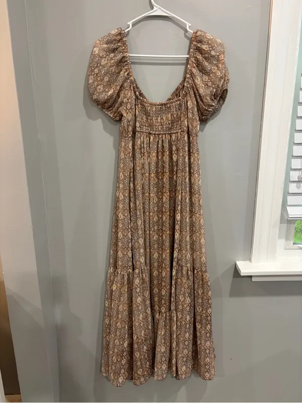 Moon River Puff Sleeve Tiered Maxi Dress S Boho Bohemian Neutral Paisley Gold - Image 8