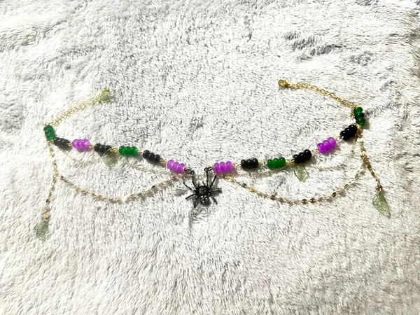 Gold Chain necklace with Purple Green and Black Beads and Spider Charm - Image 2