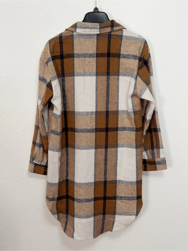 FME Camel Brown Plaid Longline Button Front High Low Shacket Jacket Size M - Image 8