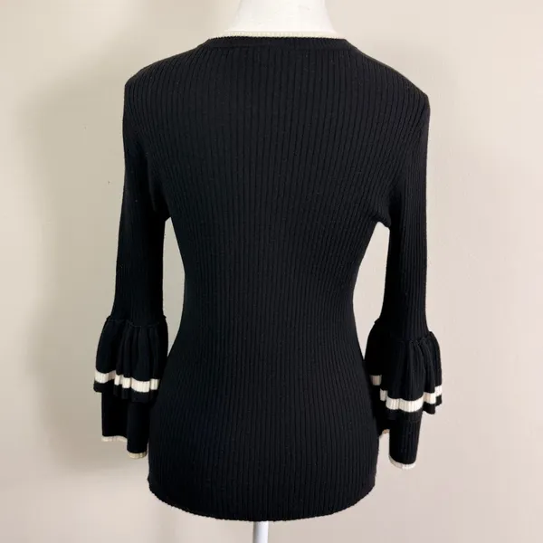 FRAME Black Wool Blend Rib Tiered Ruffle Bell Sleeve Striped Trim Sweater Small - Image 3