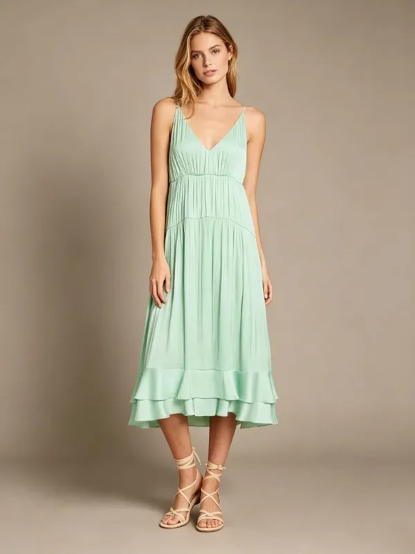 NWOT Farm Rio Tiered Ruffled Sleeveless V-neck Midi Dress Green Sz L - Image 3